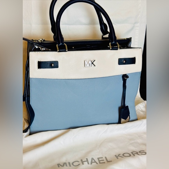 Michael Kors Reagan Large Leather Satchel Tote Pale Blue White